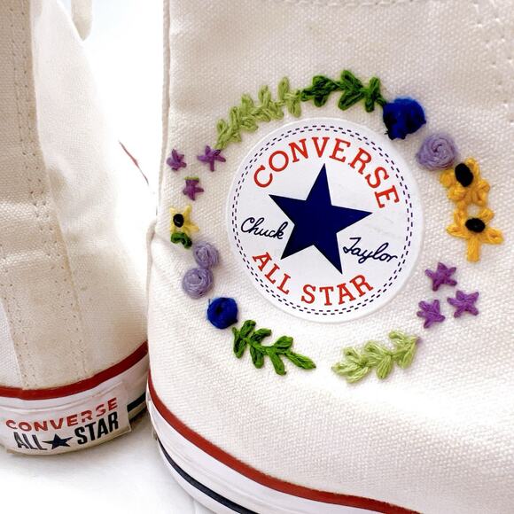 Converse Chuck Taylor Flower Embroidered Womens 12 Mens 10 All Star High Classic - Picture 2 of 10